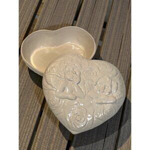 Heart-Shaped Ceramic Trinket Box With Angel & Rose Embossed Lid